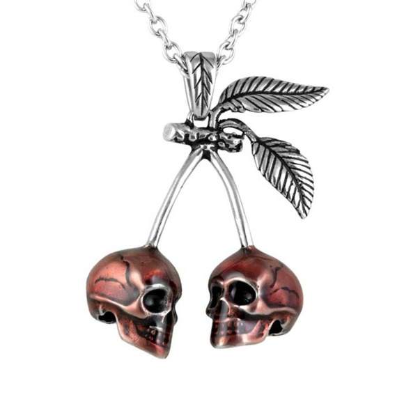 Rockabilly Red Cherry Skulls SST Pendant Necklace - Picture 1 of 6